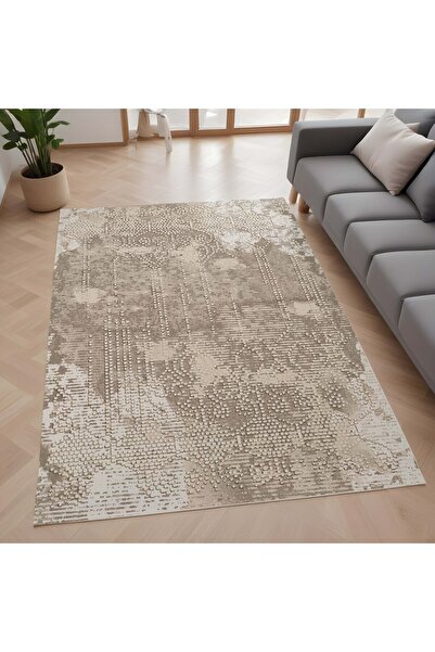 Evmila Modern Desenli Kaymaz Taban Makinede Yıkanır Dijital Baskılı Halı Kahv...