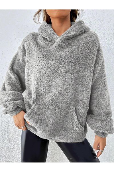 Actiwear Γυναικείο βελούδινο φούτερ Fleece με κουκούλα σε γκρι καγκουρό με κορδόνια