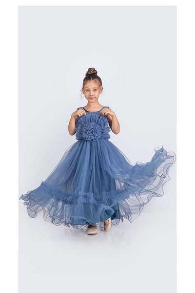 Mnk Baby&Kids Rochie de seară pentru fetiță, cu bretele, cu motiv trandafir, până la podea M00670 ALBASTRU ÎNCHIS