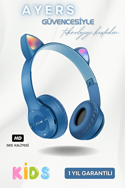 Ayers Çocuklar Için Işıklı Kedili Mikrofonlu Kablosuz Sd Kart P47m Rgb Unisex Bluetoothlu Çocuk Kulaklık