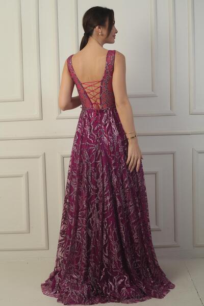 By Saygı Kadın Ön Arka V Yaka Göğüs Pliseli Arkadan Bağcıklı Astarlı Sim Flok Baskı Uzun Abiye Elbise