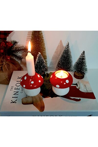 oksukokulutaş 2'li kırmızı mantar mumluk