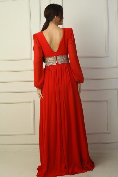 By Saygı Női elöl Hátul V nyakú derék hímzéssel hímzett bélelt hosszú sifon estélyi ruha