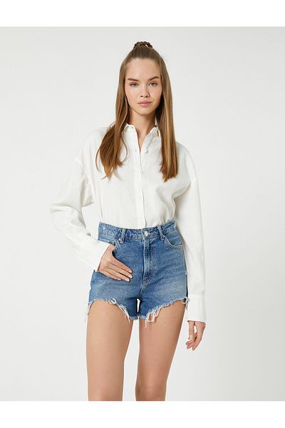 Koton Oversize Shirt Linen Blend Crop Button Long Sleeve