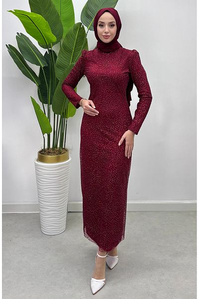 sefamerve Burgundy Glitter Tulle Evening Dress - 5517-04