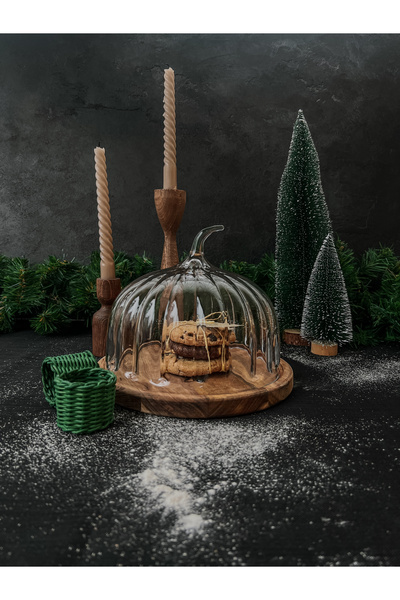 KaiHome وعاء تقديم بغطاء زجاجي مع حامل من خشب السنط من خشب الصنوبر