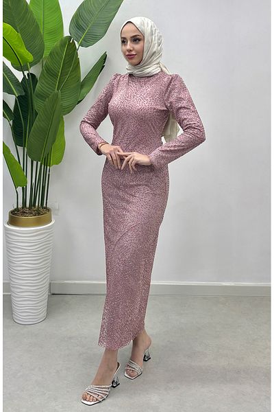 sefamerve Glitter Tulle Evening Dress 5517-02 Powder