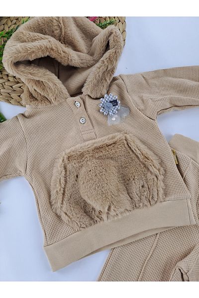 Butik Premium Furry Hooded Sweat Pants Double Set - Baby Girl/Boy/Child