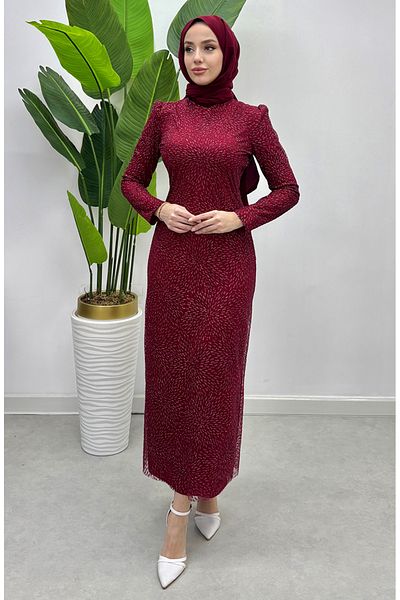 sefamerve Burgundy Glitter Tulle Evening Dress - 5517-04