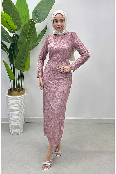 sefamerve Glitter Tulle Evening Dress 5517-02 Powder