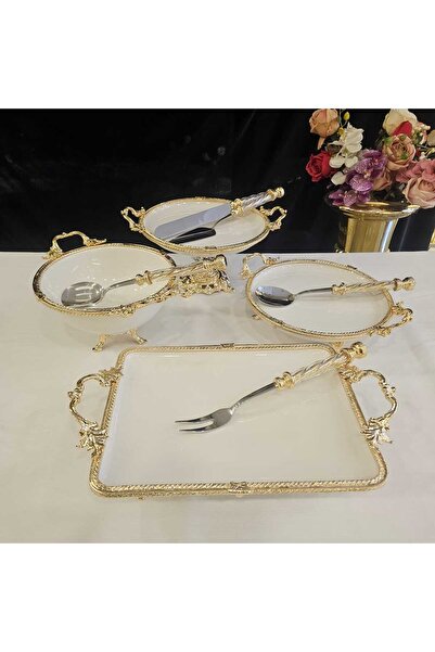 MaviDamla 9 PARÇA DÖKÜM KENAR ÇERCEVELİ AYAKLI PORSELEN VE SERVİS SUNUM SETİ ...