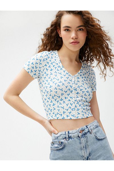 Koton Tricou crop imprimat mânecă scurtă cu decolteu în V din bumbac