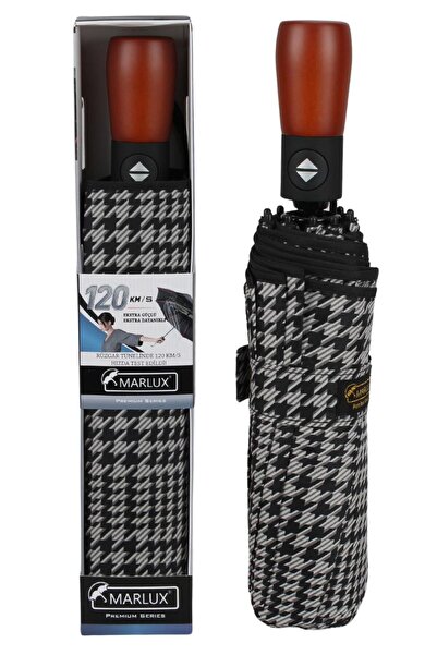 Marlux Ekstra Güçlendirilmiş Otomatik Ahşap Sap Rüzgar Şemsiyesi 10 Fiber Tel...