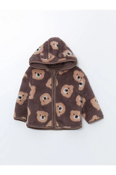 LC Waikiki Lcw Baby Brown Printed Hooded Plush Baby Boy Cardigan