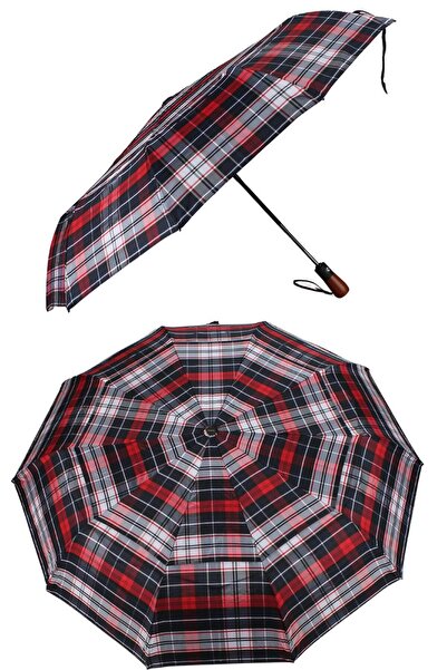 Marlux Ekstra Güçlendirilmiş Otomatik Ahşap Sap Rüzgar Şemsiyesi 10 Fiber Tel...