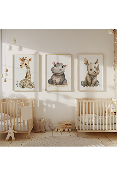 Home Safari Hayvan Tasarımlı Çocuk ve bebek Odası 3'lü Çerçevesiz Poster Seti...