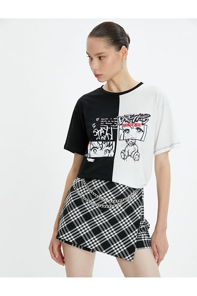 Koton Anime T-Shirt Color Blocked Short Sleeve Crew Neck Cotton