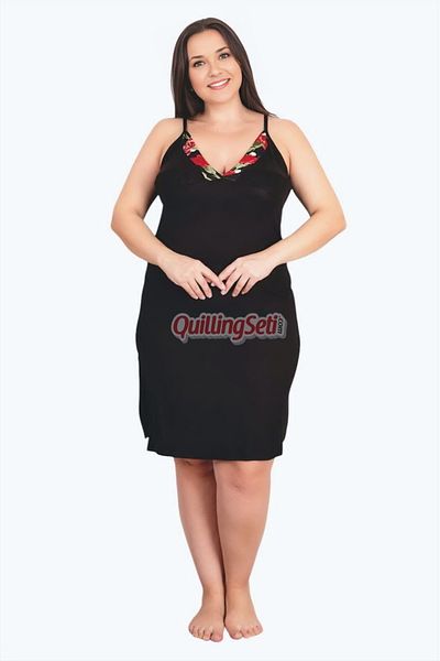 quilling Black Color, Floral Print and Sling Sleeve Plus Size 2-Piece Dressing Gown Mother's Nightgown Suit - 19224