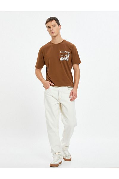 Koton Back Printed T-Shirt with Slogan Crew Neck Short Sleeves