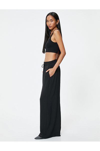 Koton Palazzo Fabric - Draped Trousers with Elastic Waist and Tie Pockets