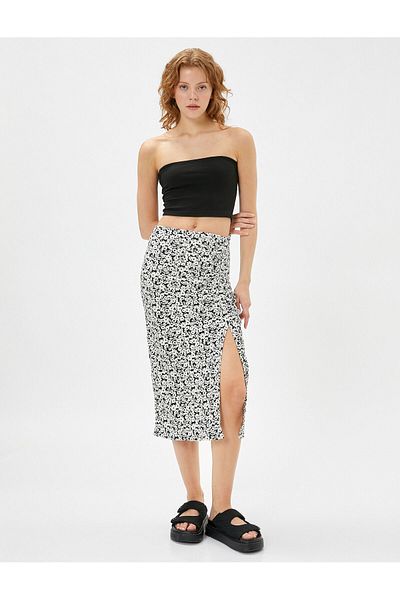 Koton Floral Midi Skirt with A-Line Slit