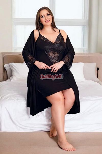 quilling Black Color, Lace Detail and Sling Sleeve Plus Size 2-Piece Dressing Gown Mother's Nightgown Suit - 19220