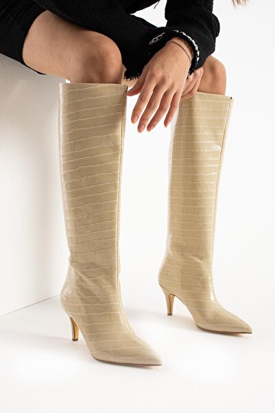 MissPapatya Γυναικείες μπότες με τακούνι JENSY 6 εκ. Μπεζ με στάμπα κροκόδειλου