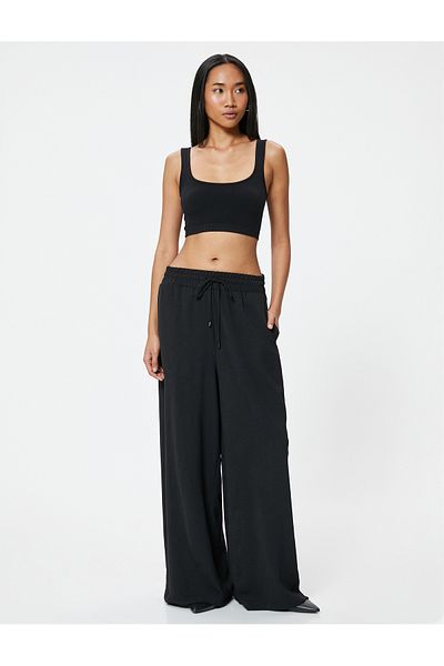 Koton Palazzo Fabric - Draped Trousers with Elastic Waist and Tie Pockets