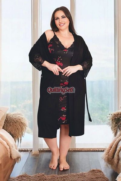 quilling Culoare neagră, model cu trandafir roșu și mânecă agățată Plus Dimensiune 2-Piece Set cămașă de noapte pentru mamă - 19223