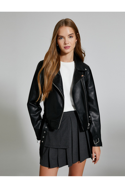 Koton Biker Ceket Suni Deri Fermuarlı Kemer Detaylı