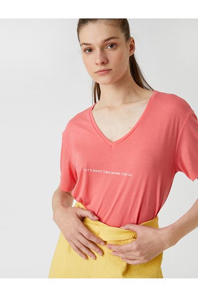 Koton Slogan Printed T-Shirt V Neck