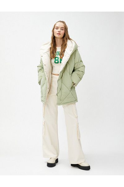 Koton Oversize Puffer Jacket Hooded Quilted Pocket Detailed