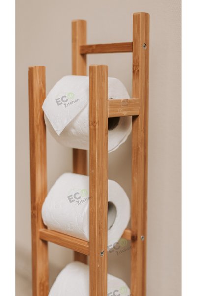 ECO KİTCHEN Suport pentru hârtie igienică din lemn de bambus, cu suport de rezervă, accesoriu de baie din lemn, suport pentru hârtie igienică, suport pentru șervețele