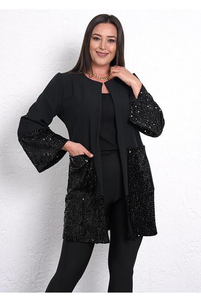 FOR ESRA BIG TREND Γυναικείο μεγάλο μέγεθος μεγάλη τσέπη παγιέτα με λεπτομέρεια μπροστά ανοιχτό φαρδύ μανίκι Scuba ελαστικό μπουφάν