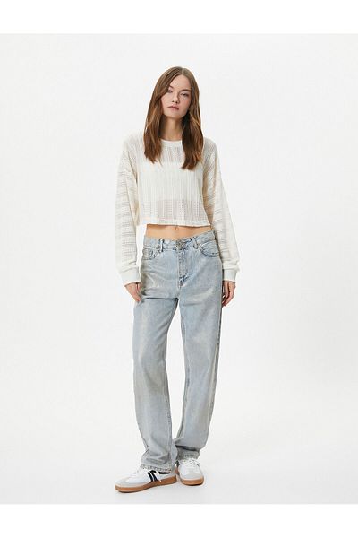 Koton Crop Mesh Sweater Long Sleeve Crew Neck