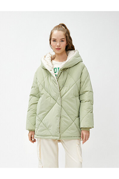 Koton Oversize Puffer Jacket Hooded Quilted Pocket Detailed