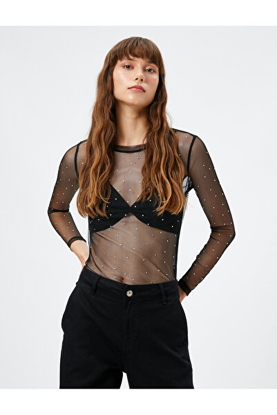 Koton Tricou transparent cu piatră stralucitoare brodată cu gat cu mânecă lungă