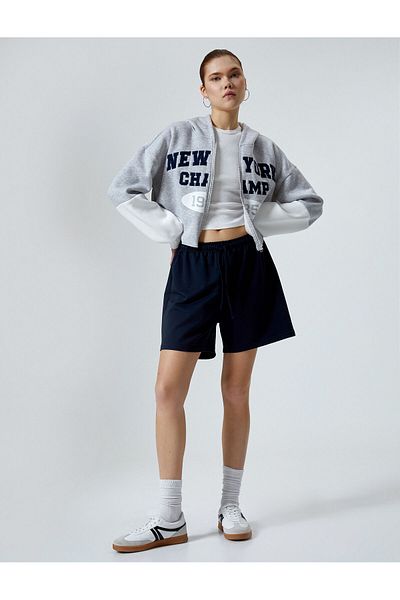 Koton Sweatshirt mit Kapuze und Reißverschluss, kurz, langärmelig, bestickt