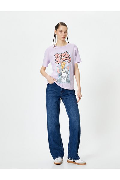 Koton Tricou Tom și Jerry cu mânecă scurtă, cu licență, din bumbac, cu decolteu, o potrivire confortabilă