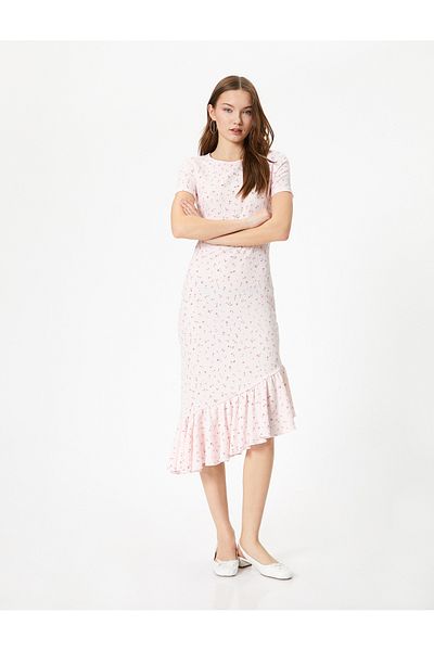 Koton Floral Φόρεμα Μίντι Μήκος Ασύμμετρο Κοψί βολάν κοντό μανίκι Crew λαιμόκοψη