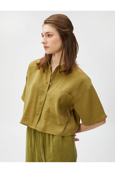 Koton Übergroßes Crop-Shirt mit Taschen, kurzärmliges Modal-Mischgewebe