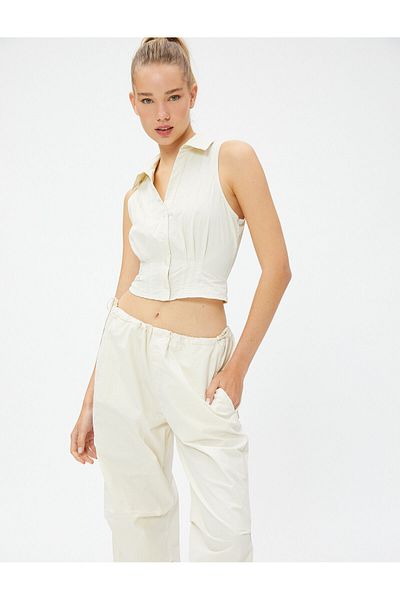 Koton Crop-Shirt, ärmelloses Korsett, detaillierter Manschettenkragen