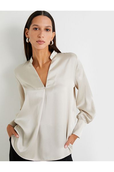 Koton Satin Bluse V-Ausschnitt Langarm