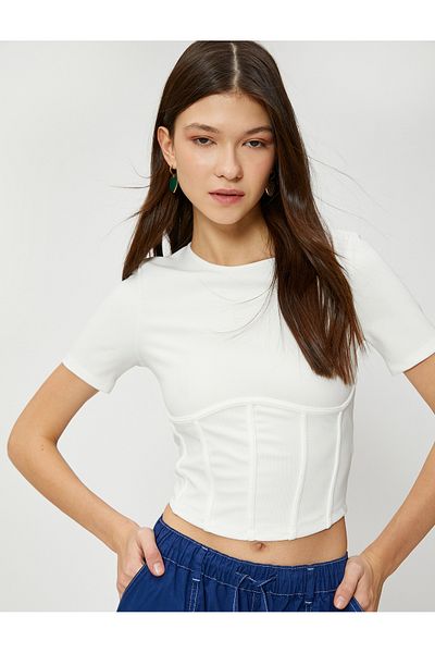 Koton Crop T-Shirt Corset Look Short Sleeve Crew Neck