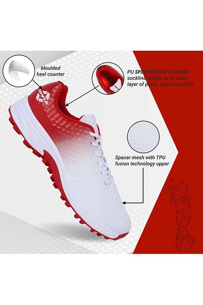 Nivia Crick 1000 Cricket Shoes |white/red, 8 Uk / 9 Us / 42 Eu| Lightweight, Durable Rubber Outsole