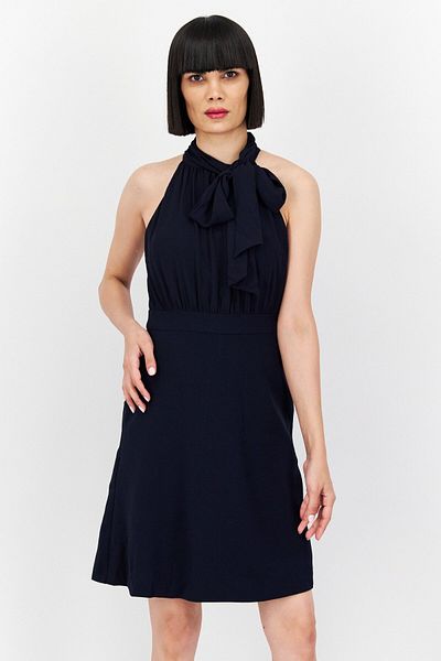 Vince Camuto Women Tie Neck Sleeveless Plain Mini Dress, Navy Blue