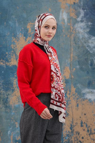 İpekhan Red White Indian Voile Shawl - 5004-15