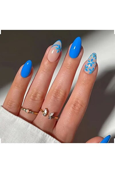 Alya Nail Studio Kadın Jel Nail Art Baskılı Mavi Çiçek French Design Badem Ov...
