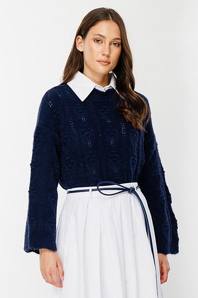 Hooopstore Pulover bleumarin cu pompon tricotat ajurat