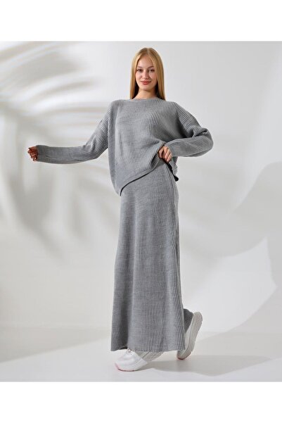 Molly Nelly Kadın Kışlık Beli Lastikli Etek Bisiklet Yaka Kazak Triko Takım